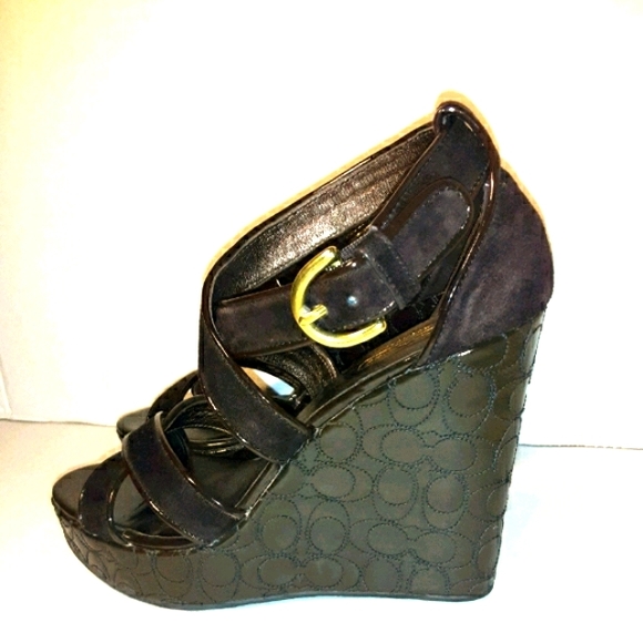 NWOT COACH Brown Suede & Patent Marlla Wedges - Picture 1 of 8